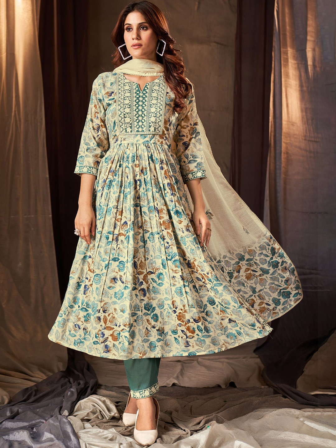 

PREMROOP- THE STYLE YOU LOVE Floral Printed Thread Work Anarkali Cotton Kurta With Dupatta, Cream