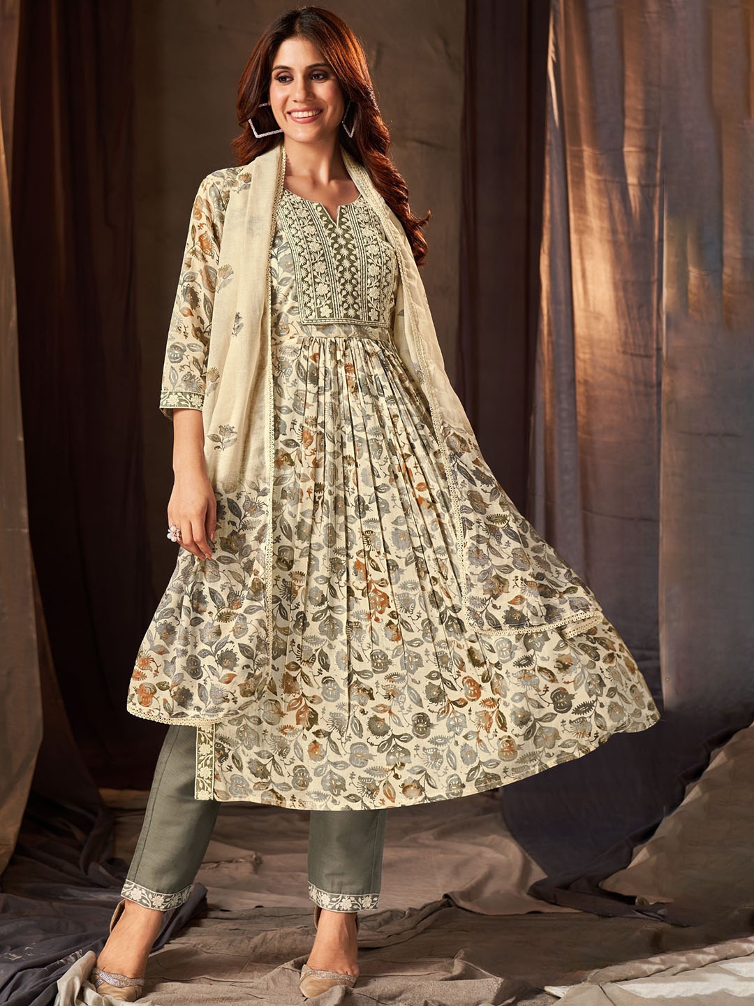 

PREMROOP- THE STYLE YOU LOVE Floral Printed Thread Work Anarkali Cotton Kurta With Dupatta, Cream