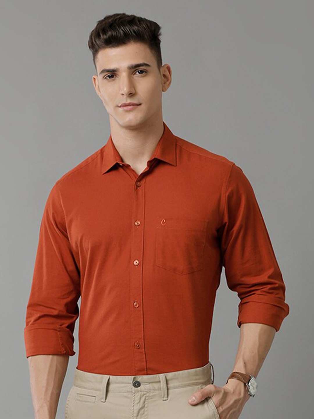 

CAVALLO by Linen Club Contemporary Slim Fit Casual Cotton Linen Shirt, Rust