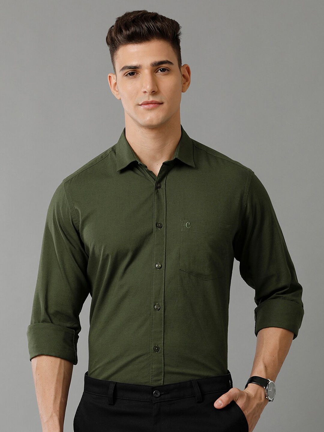 

CAVALLO by Linen Club Contemporary Slim Fit Casual Cotton Linen Shirt, Olive