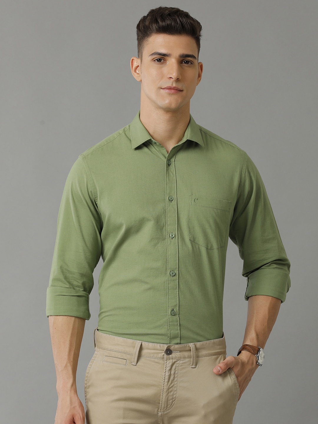 

CAVALLO by Linen Club Contemporary Slim Fit Cotton Linen Casual Shirt, Green
