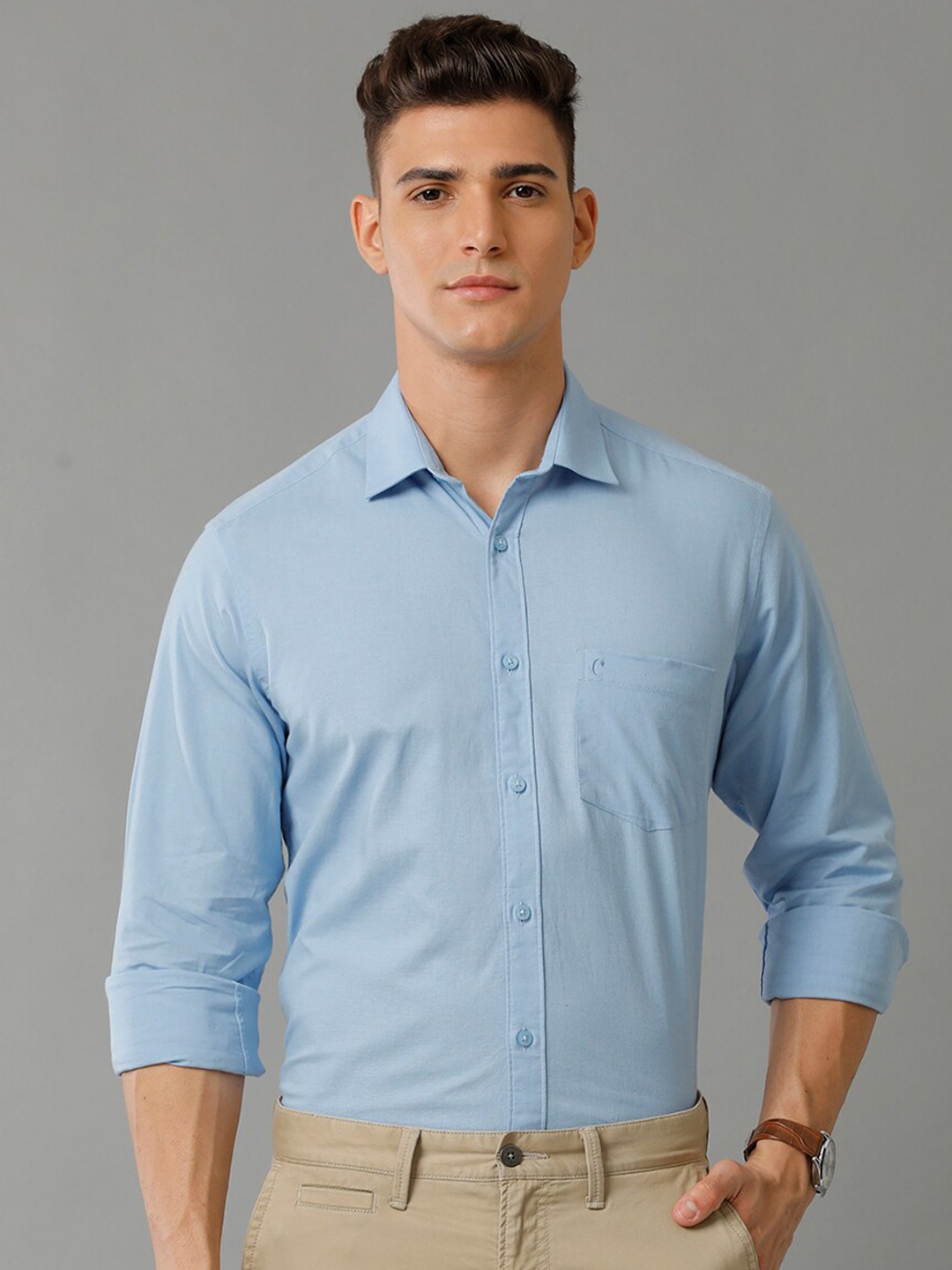 

CAVALLO by Linen Club Contemporary Slim Fit Cotton Linen Casual Shirt, Blue