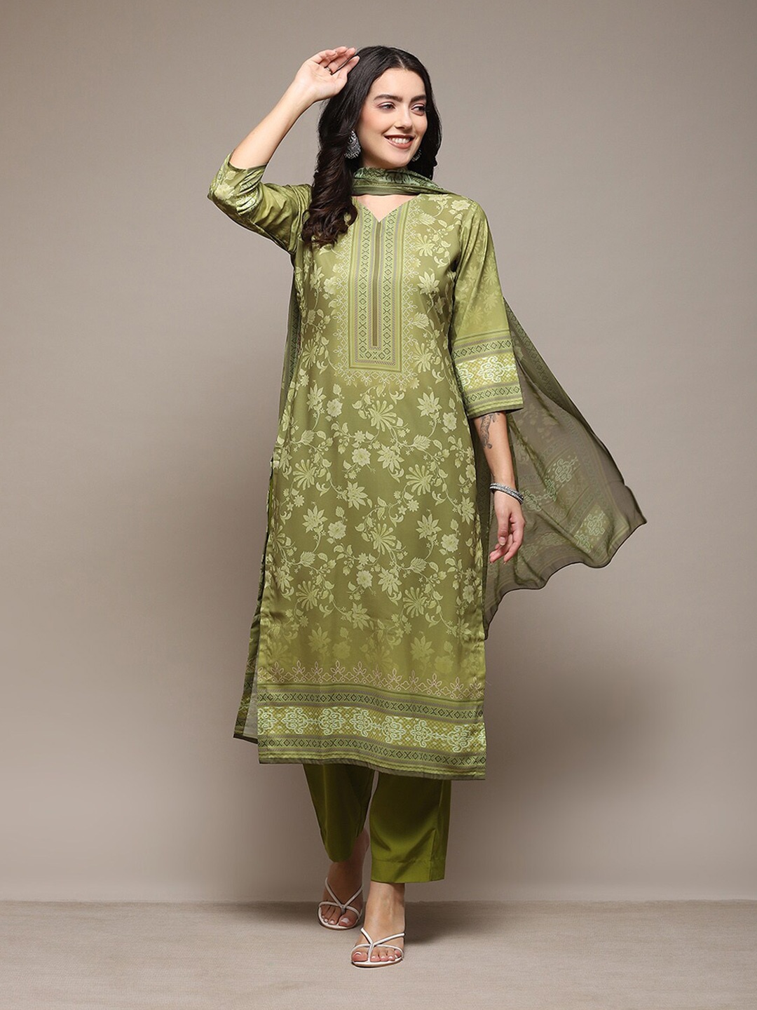 

Biba Floral Printed Unstitched Dress Material, Green