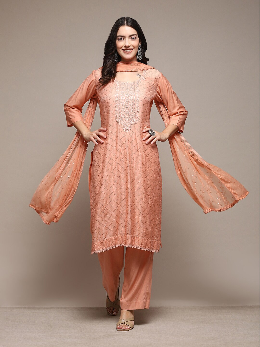 

Biba Floral Embroidered Sequinned Unstitched Dress Material, Peach