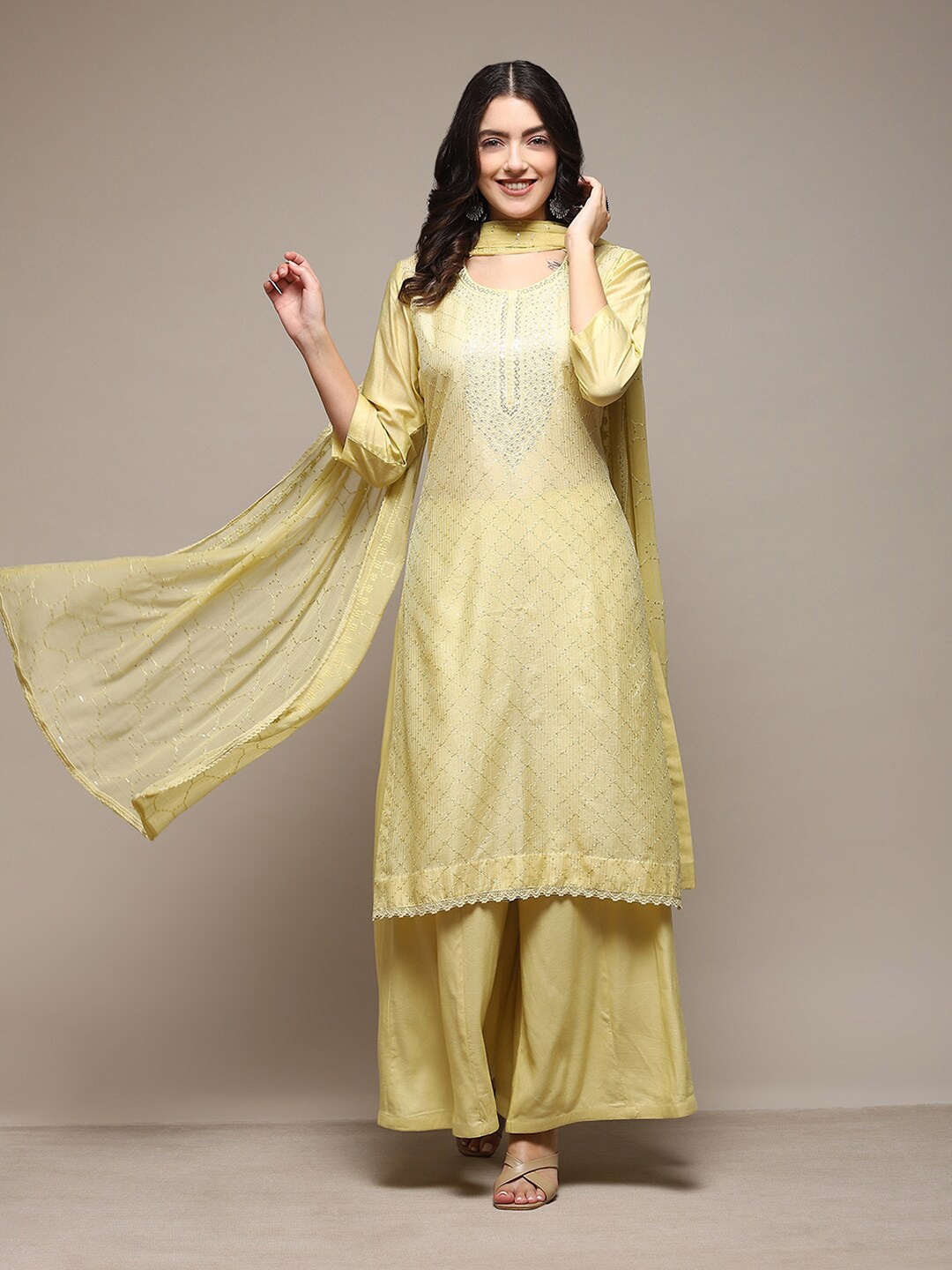 

Biba Embroidered Sequinned Unstitched Dress Material, Yellow