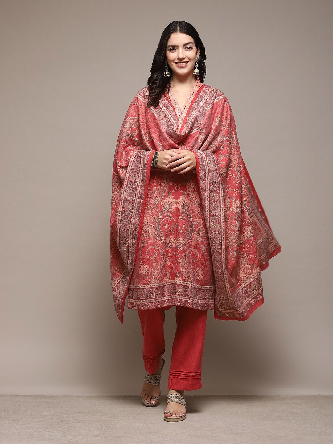 

Biba Paisley Printed Mirror Work Detailed Unstitched Dress Material, Red
