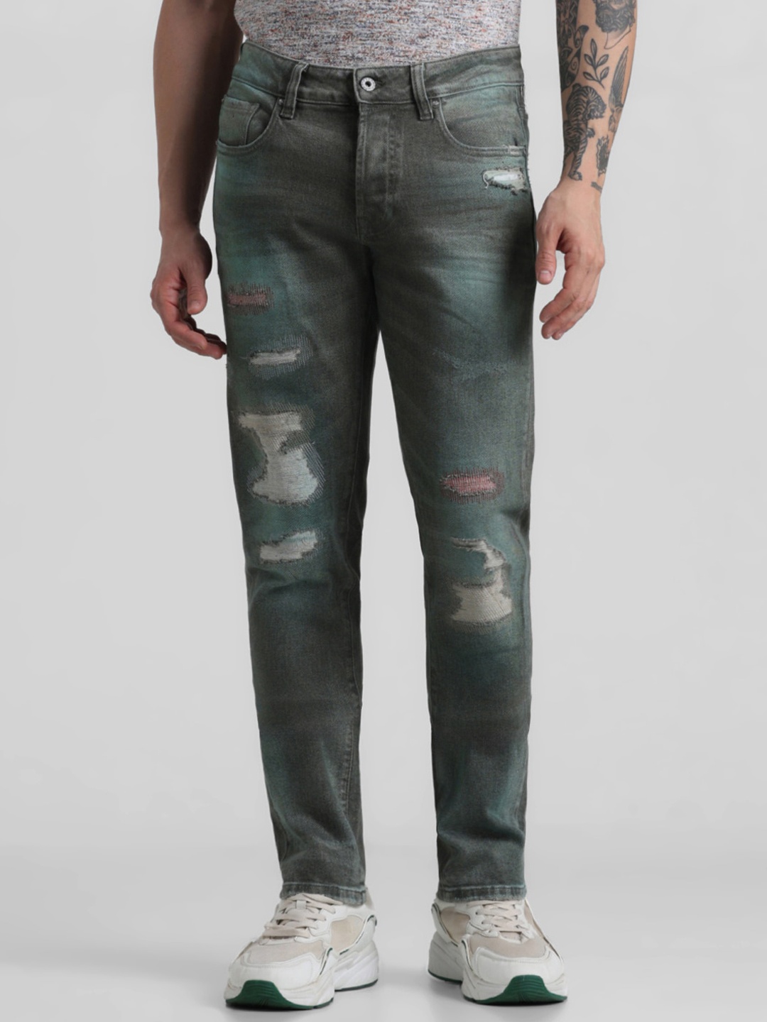 

Jack & Jones Men Slim Fit Low-Rise Highly Distressed Heavy Fade Stretchable Jeans, Olive