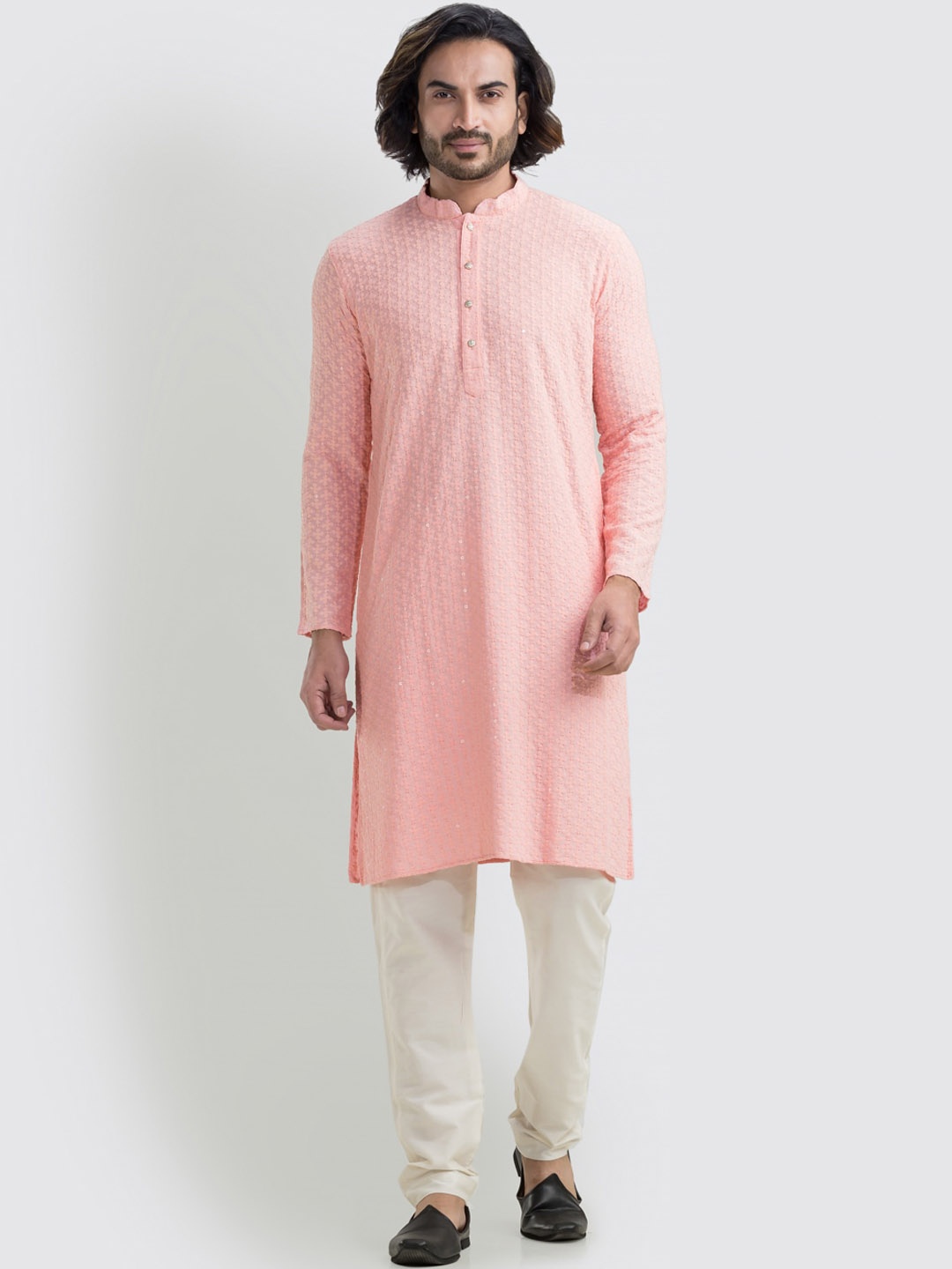 

SREEMANT Floral Embroidered Mandarin Collar Chikankari Sequinned A-Line Kurta, Peach