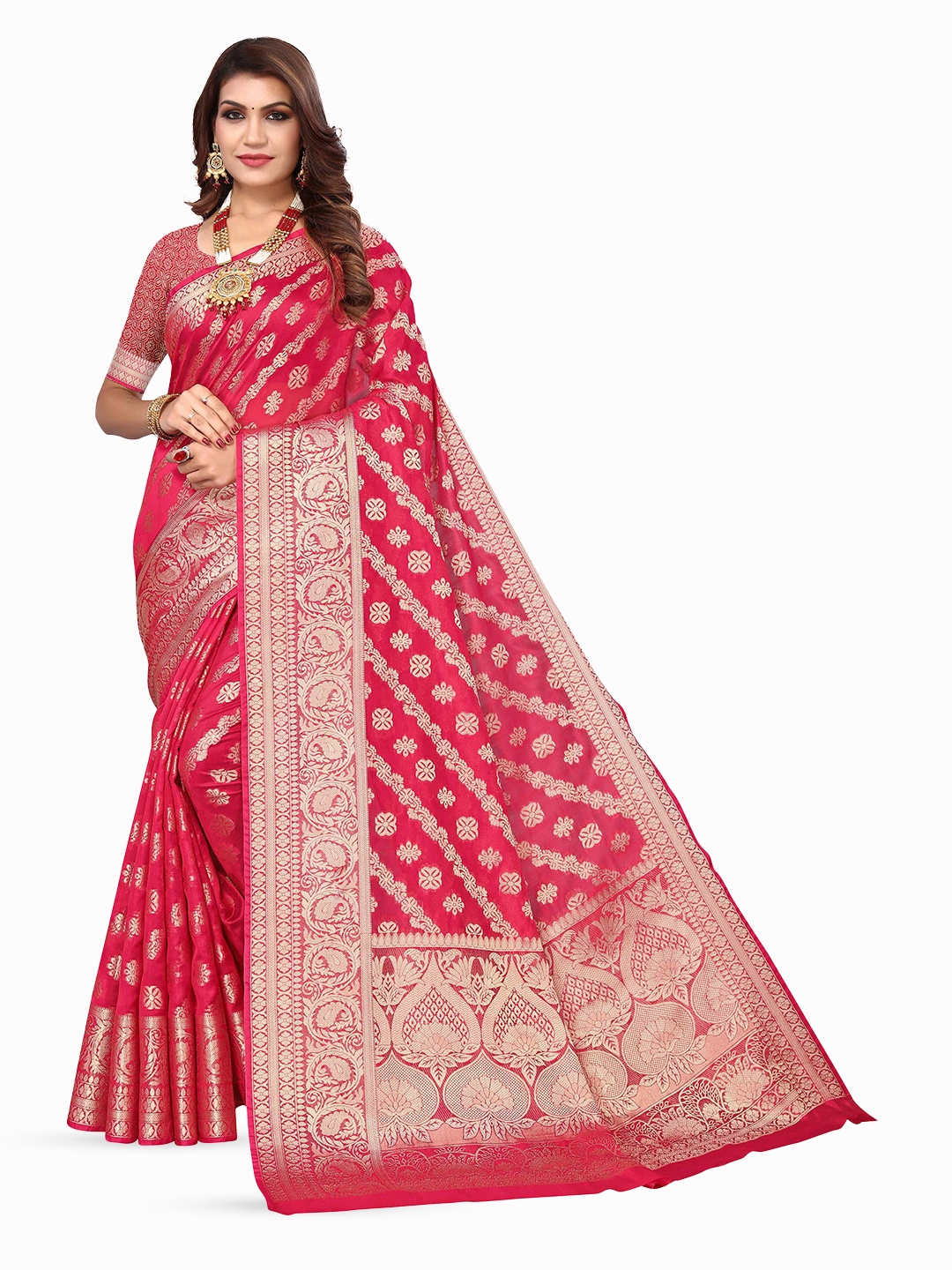 

KALINI Ethnic Motifs Woven Design Zari Kanjeevaram Saree, Red