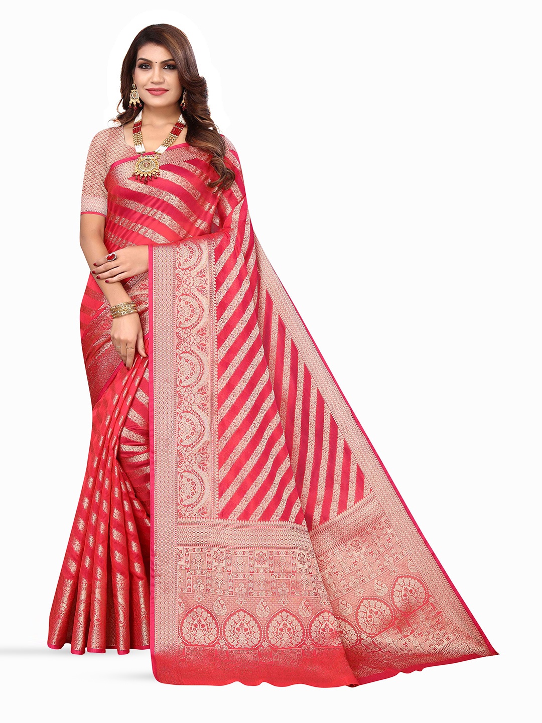 

KALINI Ethnic Motifs Woven Design Zari Kanjeevaram Saree, Red