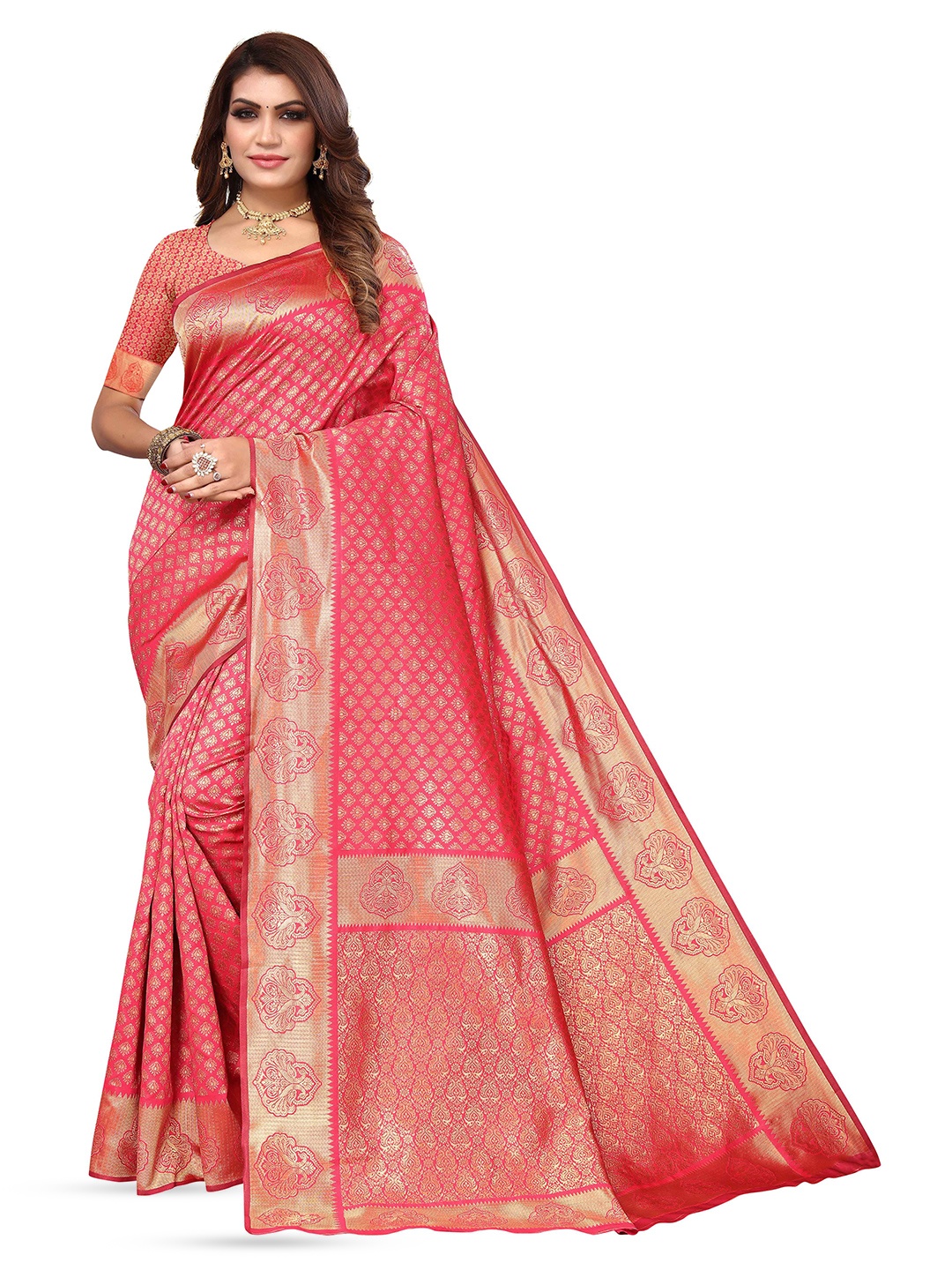 

KALINI Ethnic Motifs Woven Design Zari Kanjeevaram Saree, Red