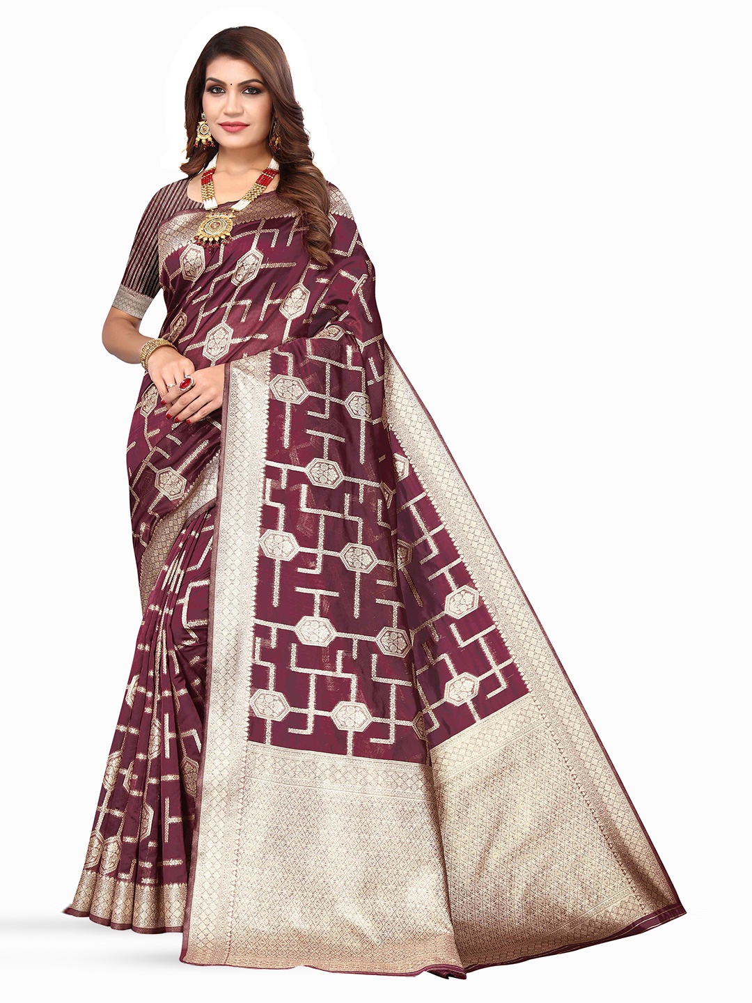 

KALINI Ethnic Motifs Woven Design Zari Kanjeevaram Saree, Brown