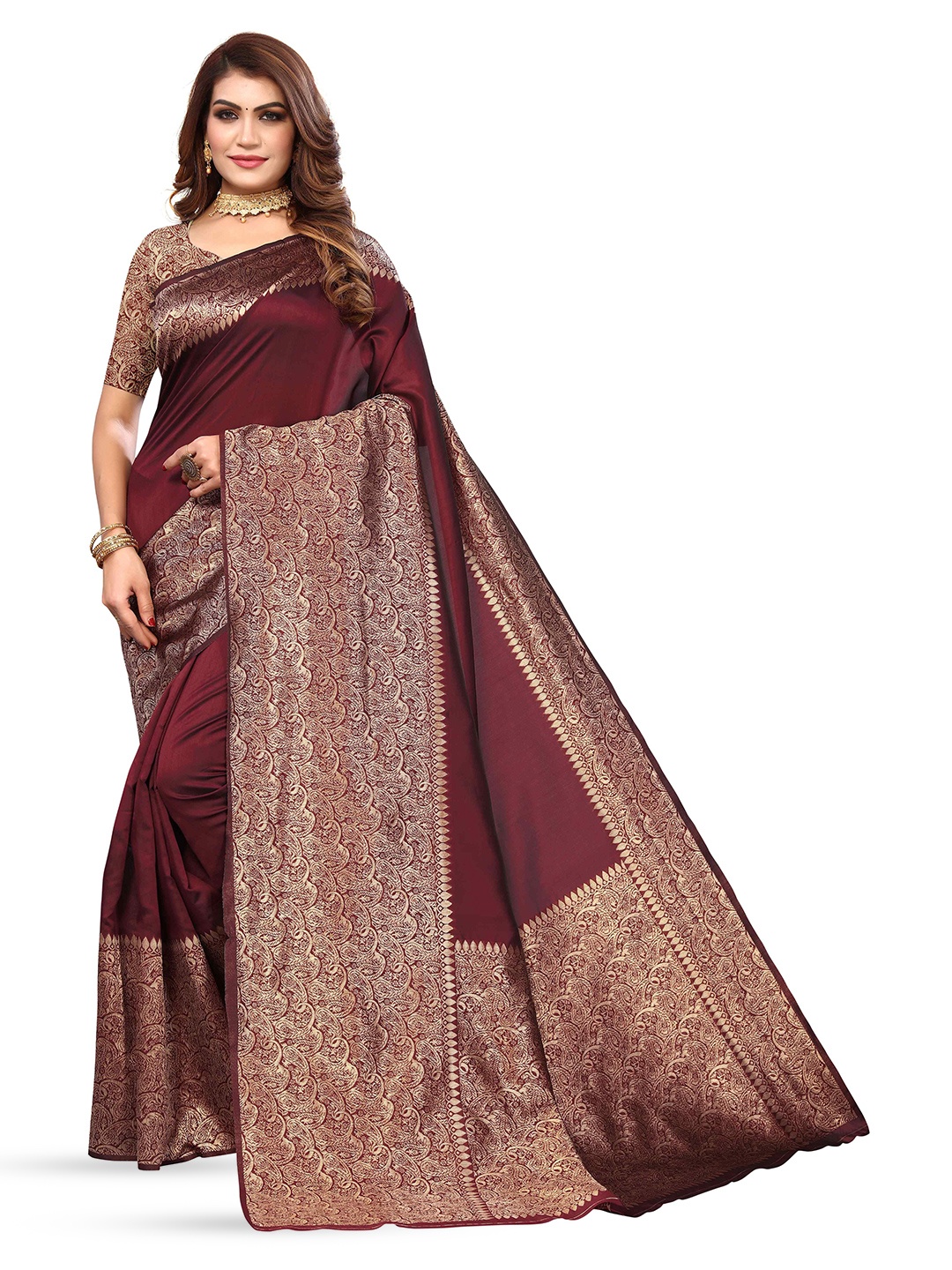 

KALINI Ethnic Motifs Woven Design Zari Kanjeevaram Saree, Brown