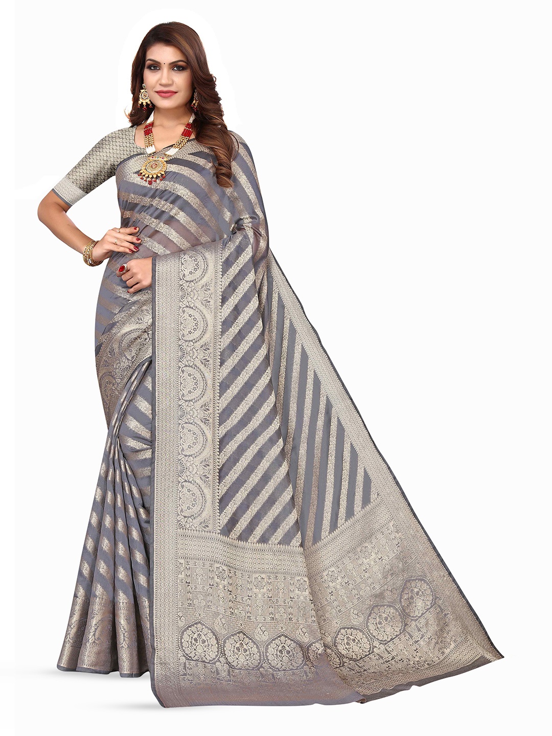

KALINI Ethnic Motifs Woven Design Zari Kanjeevaram Saree, Beige