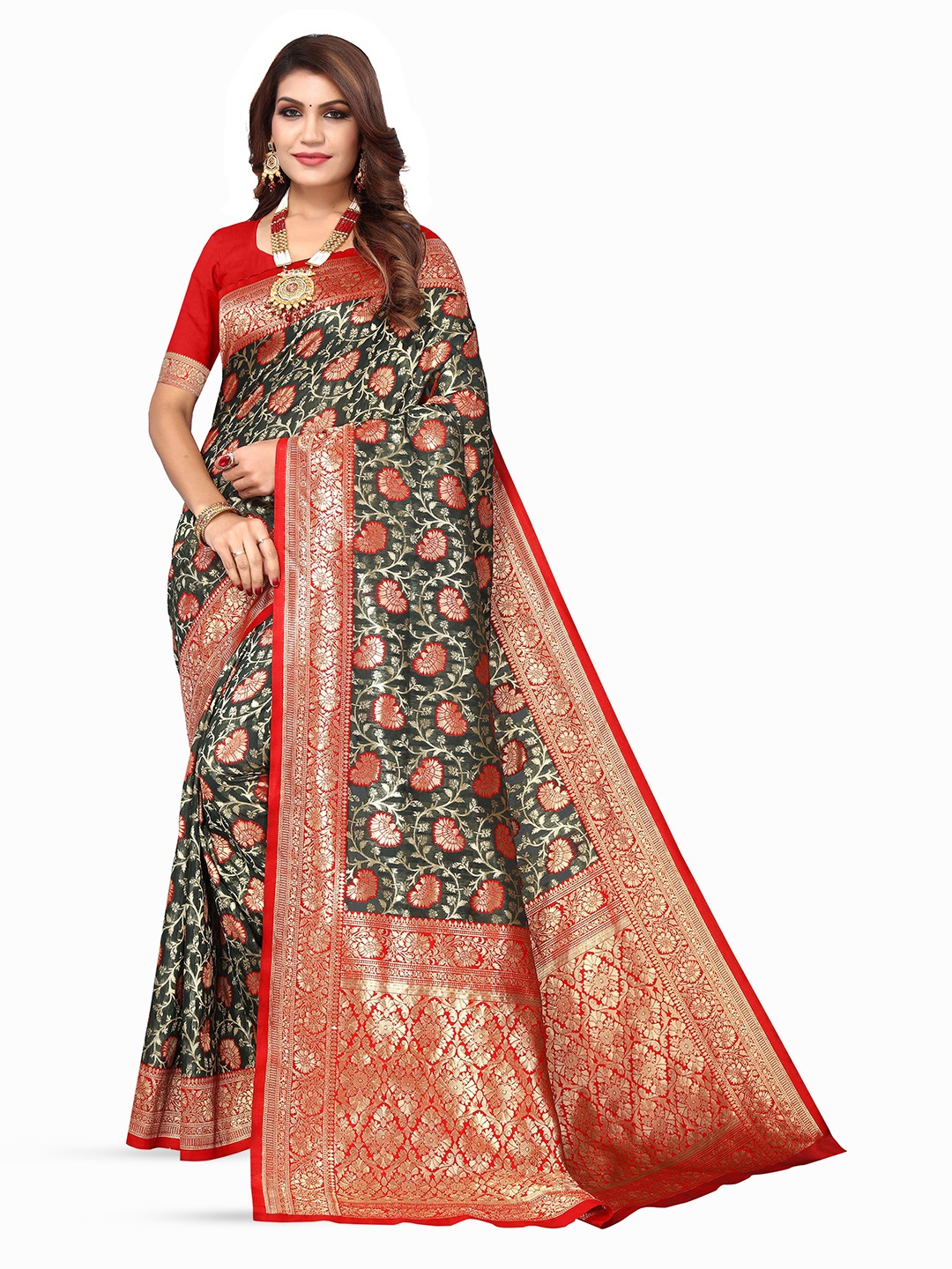 

KALINI Floral Woven Design Zari Kanjeevaram Saree, Green