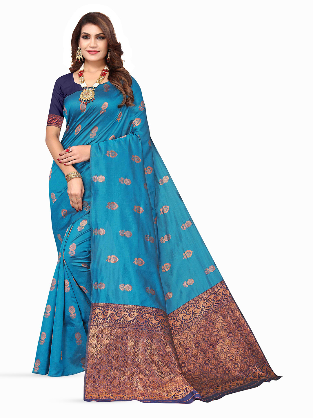 

KALINI Ethnic Motifs Woven Design Zari Kanjeevaram Saree, Blue