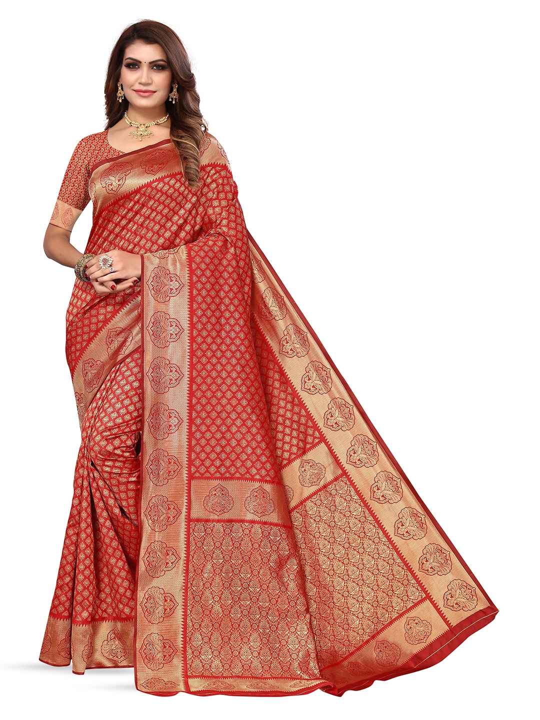 

KALINI Ethnic Motifs Woven Design Zari Kanjeevaram Saree, Red
