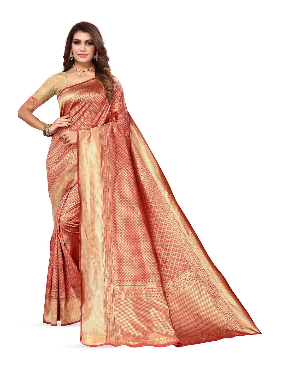 

KALINI Woven Design Zari Kanjeevaram Saree, Red