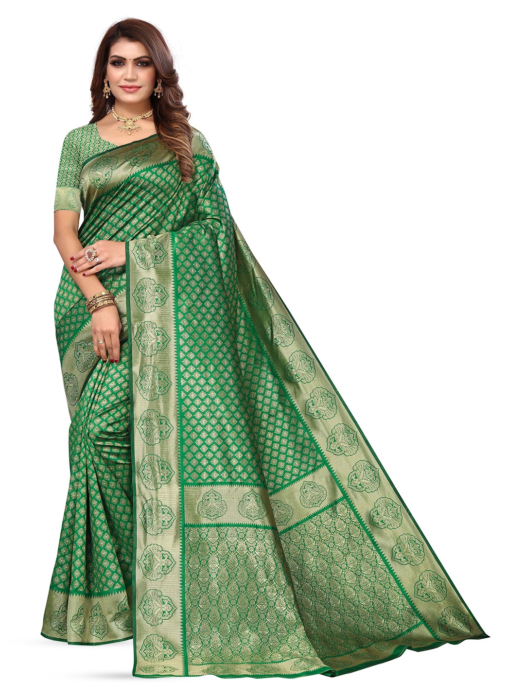 

KALINI Woven Design Zari Kanjeevaram Saree, Green