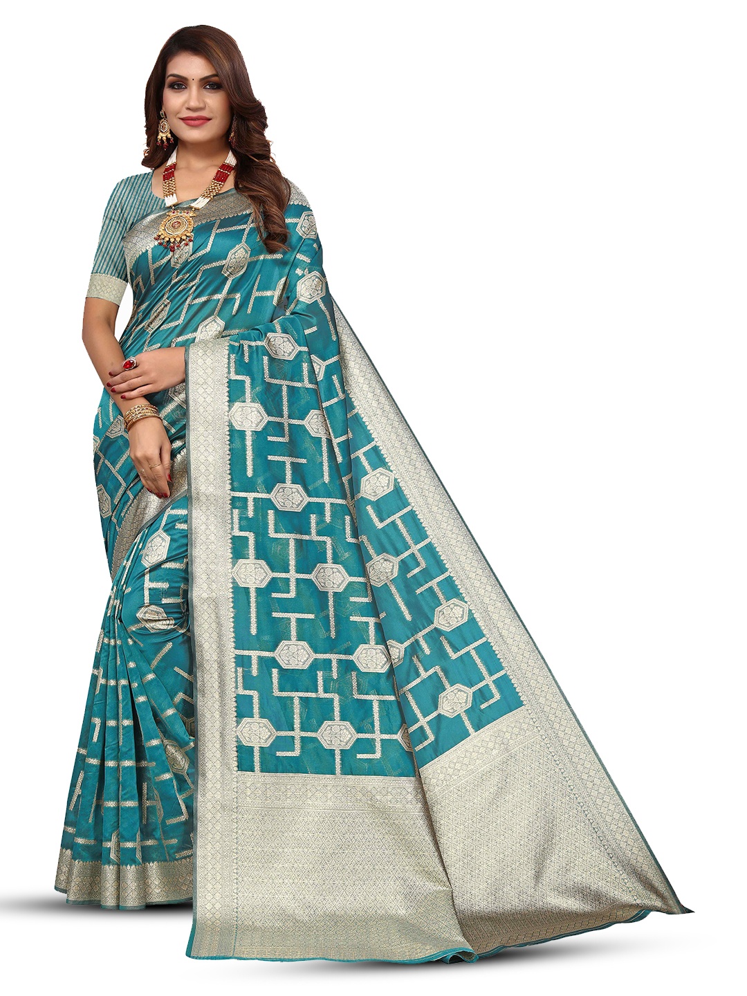 

KALINI Ethnic Motifs Woven Design Zari Detailed Kanjeevaram Saree, Blue