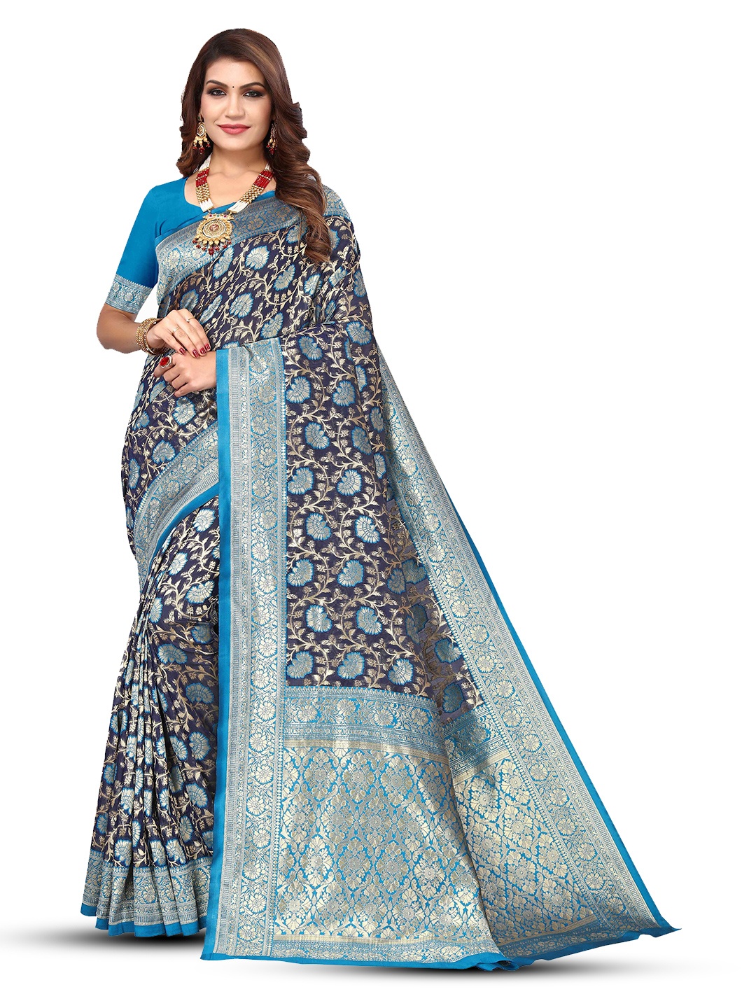 

KALINI Floral Woven Design Zari Detailed Kanjeevaram Saree, Blue