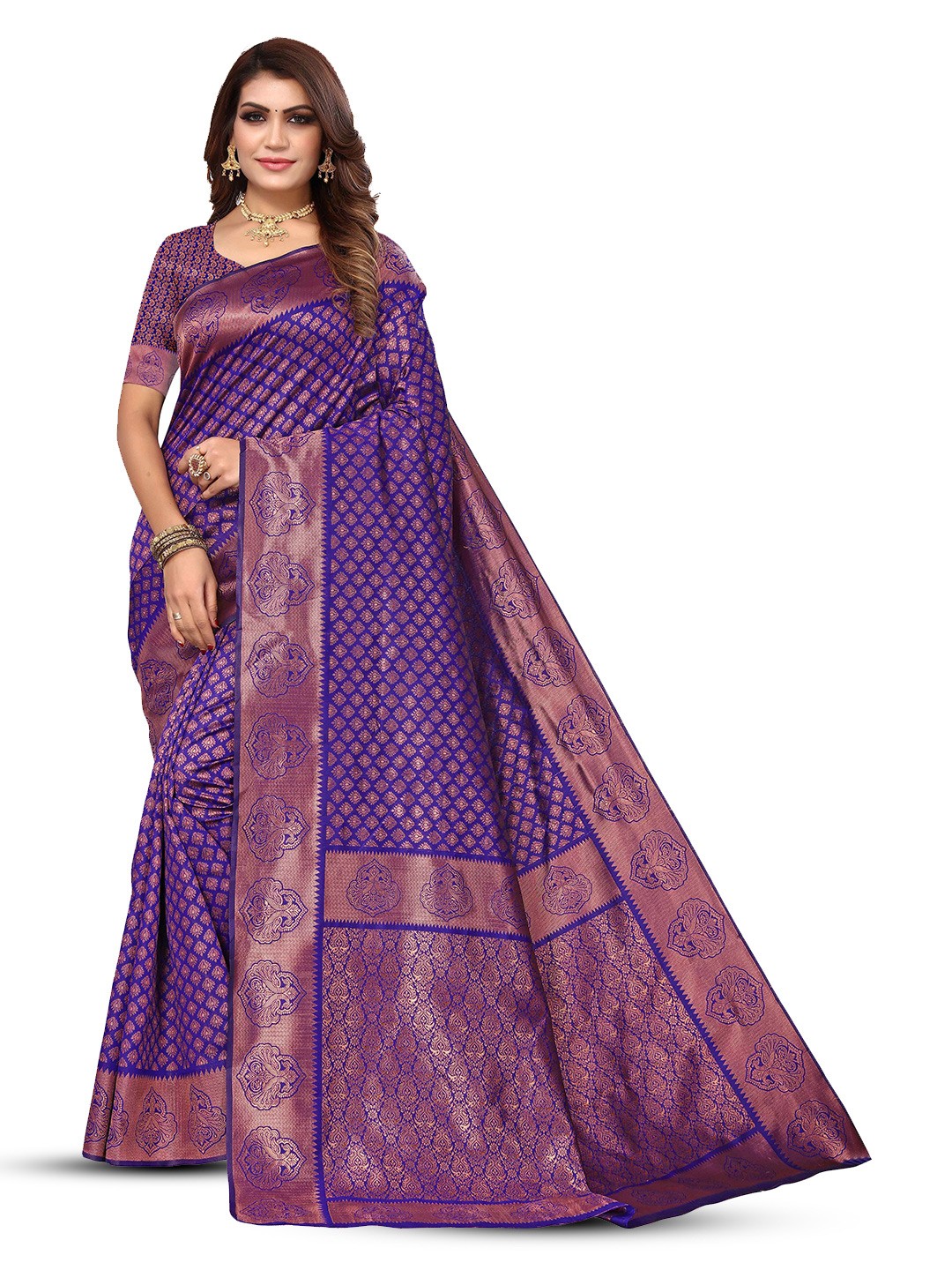 

KALINI Ethnic Motifs Woven Design Zari Detailed Kanjeevaram Saree, Purple
