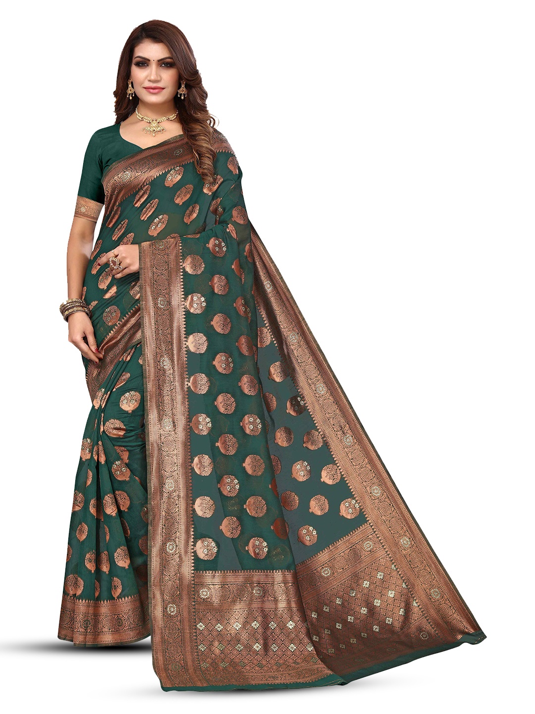 

KALINI Ethnic Motifs Woven Design Zari Detailed Kanjeevaram Saree, Green