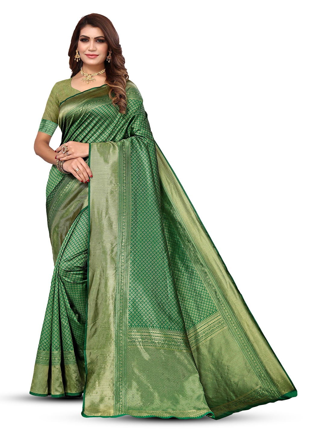

KALINI Woven Design Zari Kanjeevaram Saree, Green