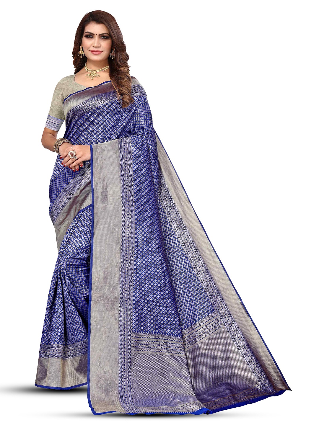 

KALINI Ethnic Motifs Woven Design Zari Detailed Kanjeevaram Saree, Blue