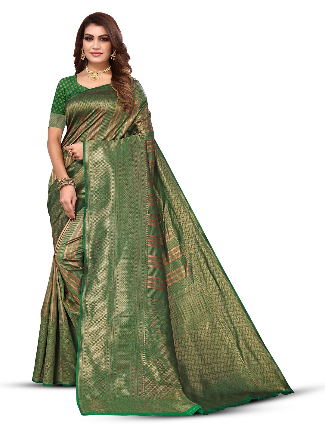 

KALINI Ethnic Motifs Woven Design Zari Detailed Kanjeevaram Saree, Green