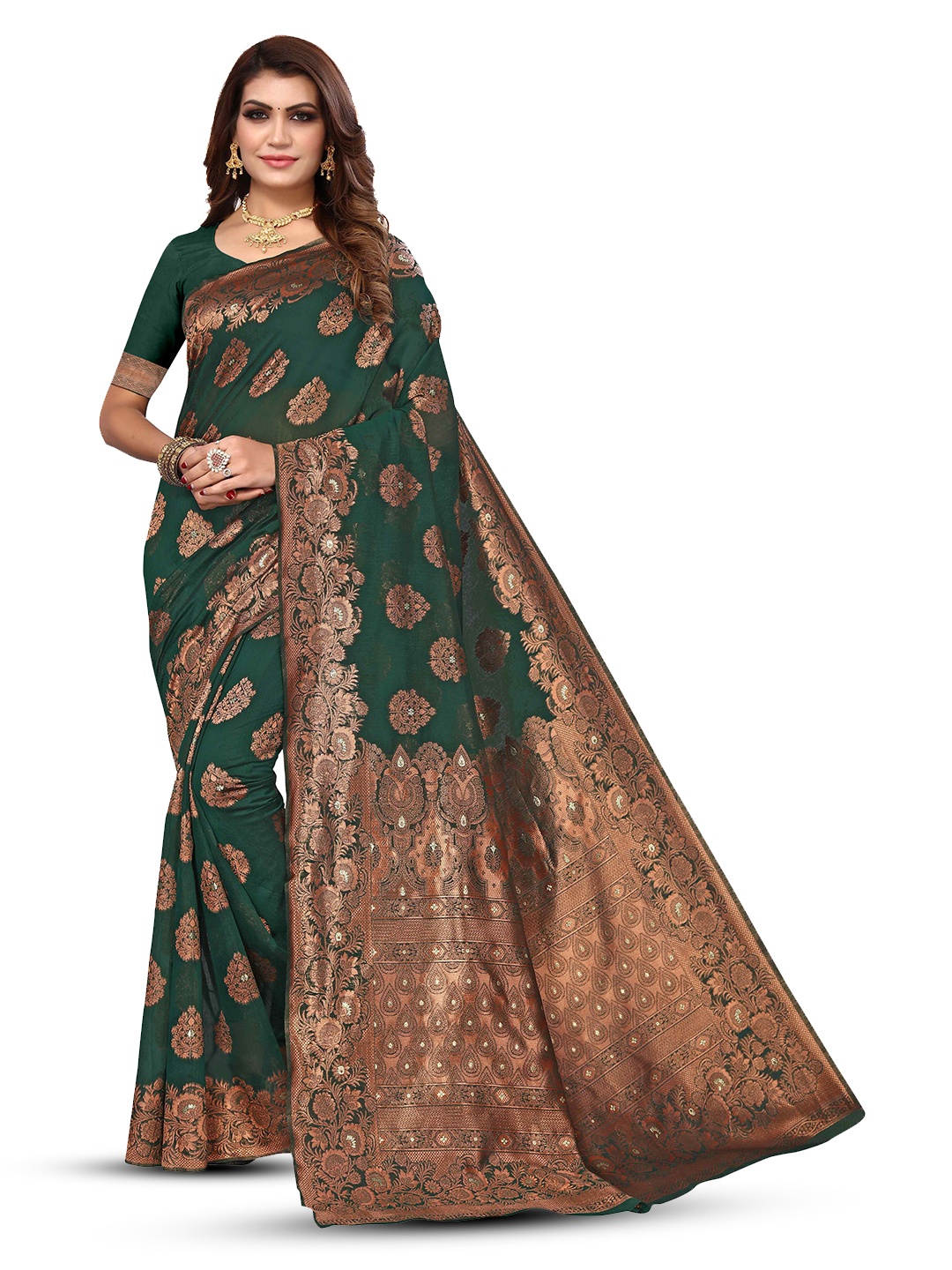 

KALINI Woven Design Zari Kanjeevaram Saree, Green