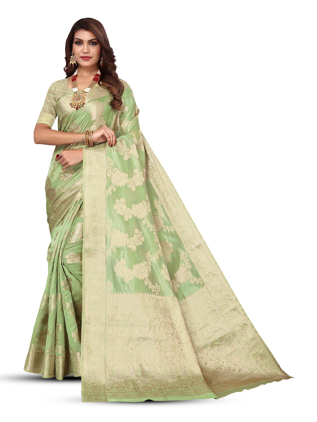 

KALINI Woven Design Zari Kanjeevaram Saree, Green