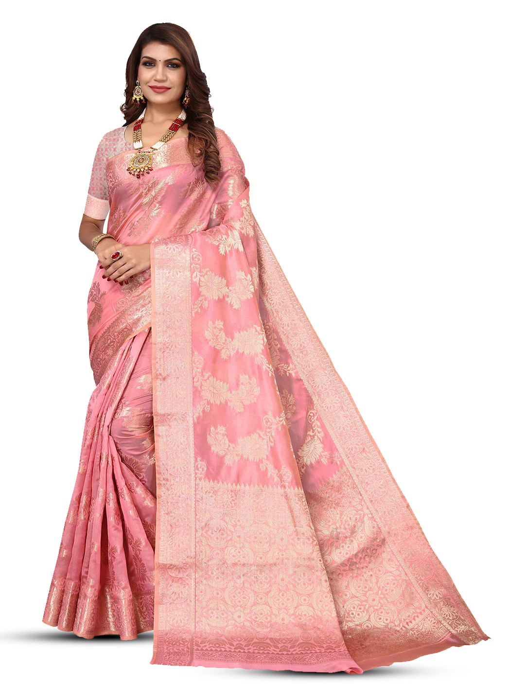 

KALINI Floral Woven Design Zari Kanjeevaram Saree, Pink