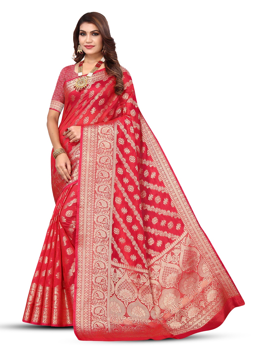 

KALINI Ethnic Motifs Woven Design Zari Kanjeevaram Saree, Red