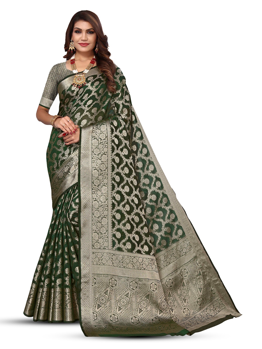 

KALINI Ethnic Motifs Woven Design Zari Detailed Kanjeevaram Saree, Green