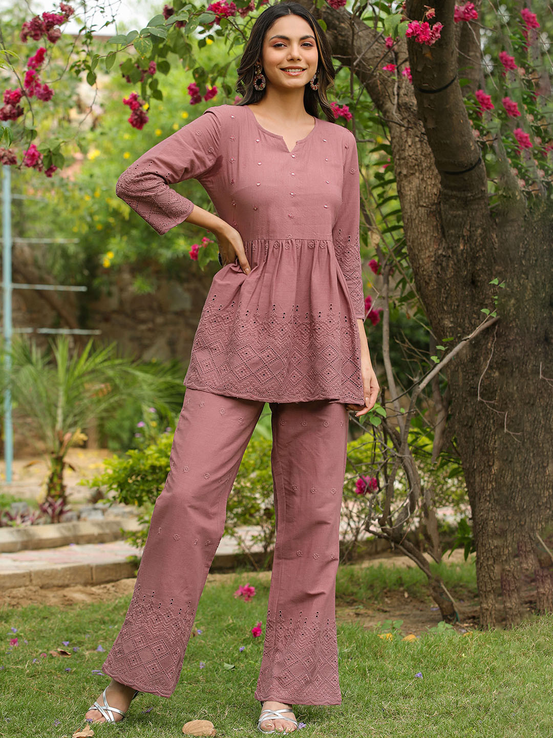 

Rangeelo Self Design Pure Cotton Top With Palazzo, Pink
