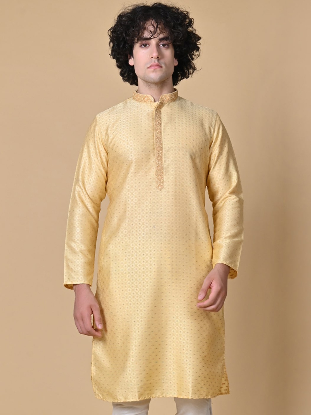 

MAAHI FABS Geometric Woven Design Regular Kurta with Churidar, Gold