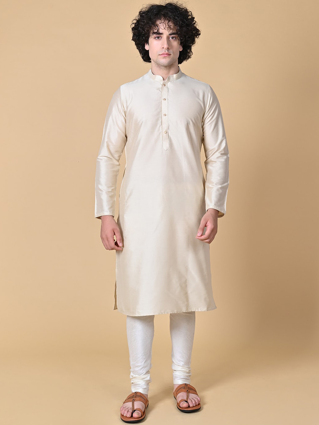 

MAAHI FABS Mandarin Collar Regular Kurta With Churidar, Beige