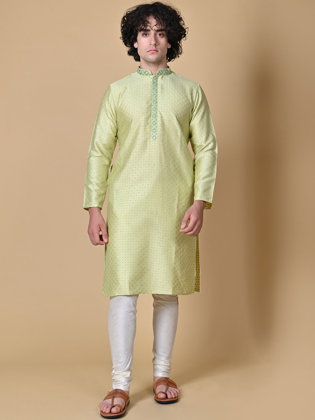 

MAAHI FABS Woven Design Thread Work Regular Kurta With Churidar, Lime green