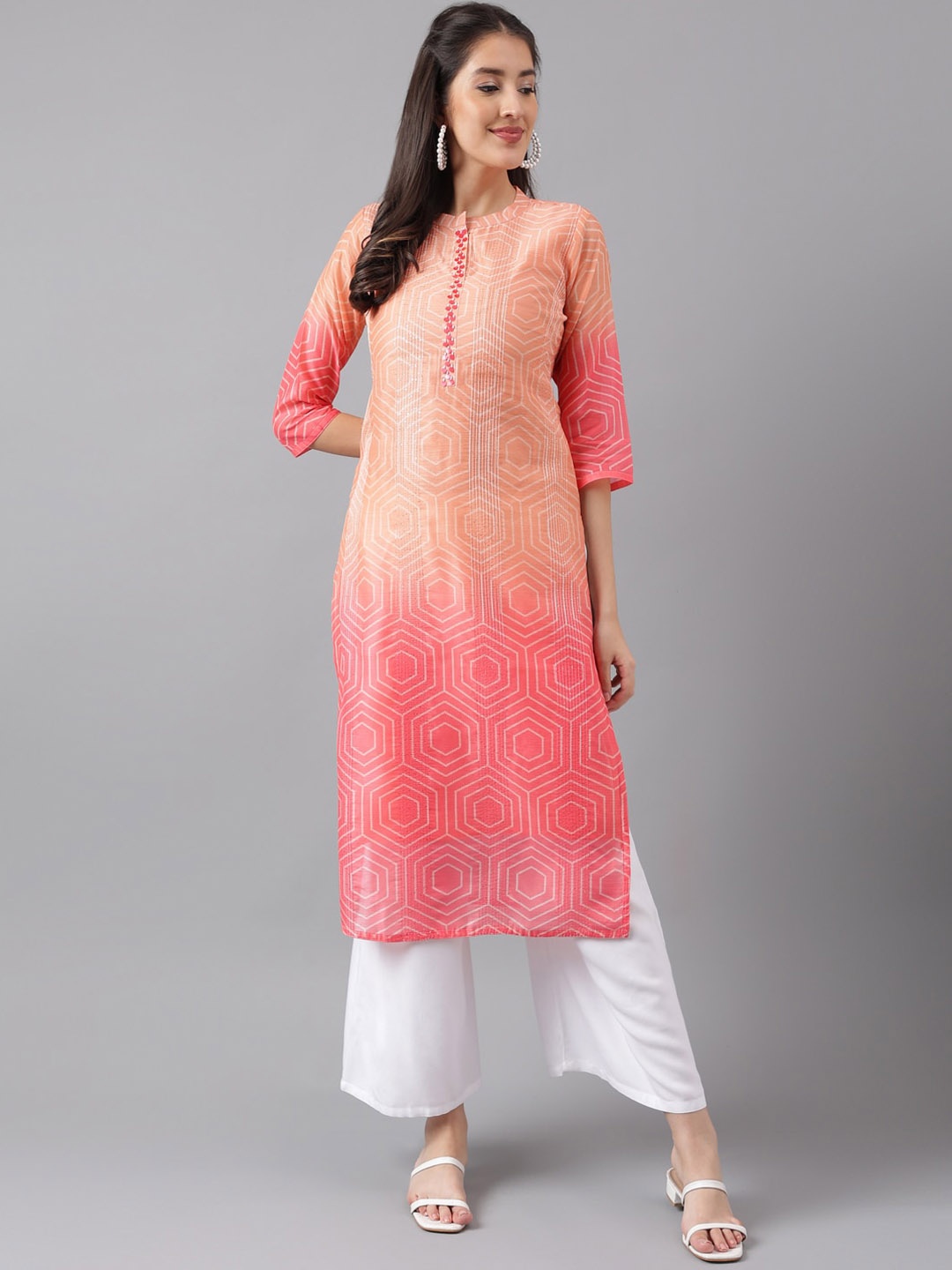 

KALINI Geometric Sequinned Kurta, Peach