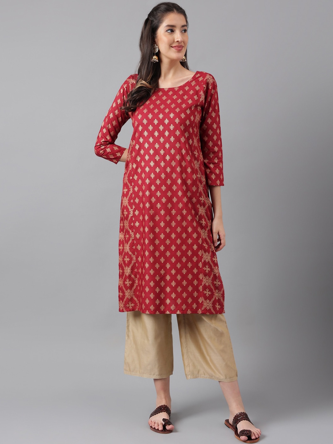 

KALINI Round Neck Ethnic Motifs Printed Anarkali Kurta, Maroon
