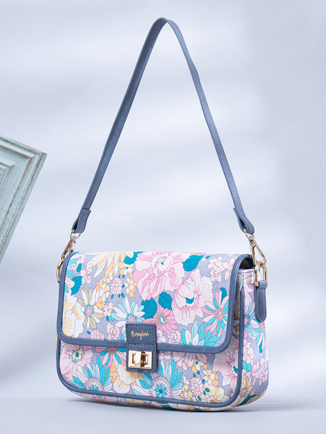 

Berrylush Blue & Pink Floral Printed Structured Shoulder Bag