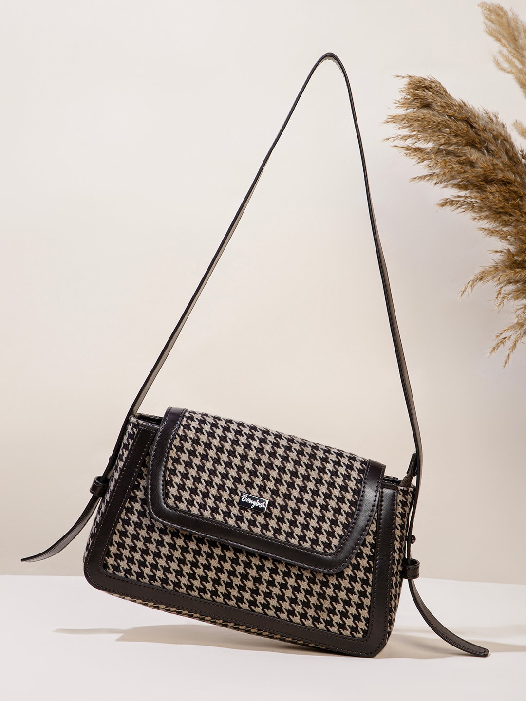 

Berrylush Checked Structured Cotton Sling Bag, Brown
