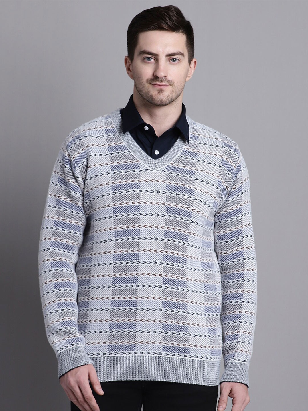 

VENITIAN Self Design Chevron Acrylic Pullover Sweater, Blue