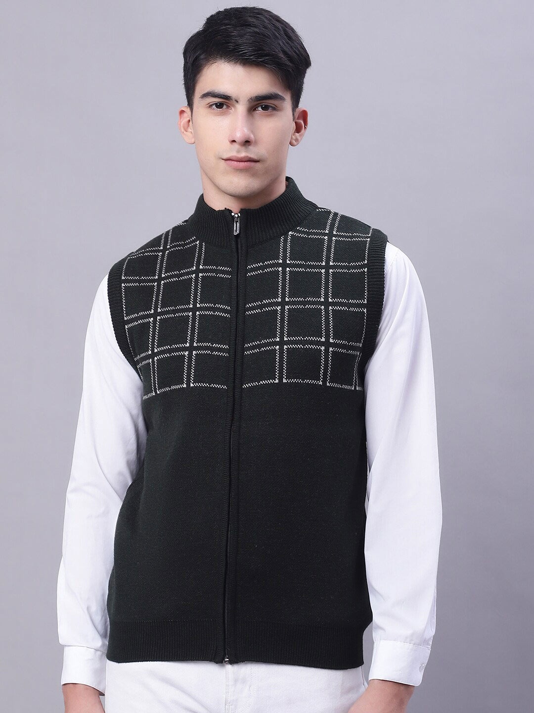 

VENITIAN Mock Collar Checked Acrylic Front-Open Sweater, Black