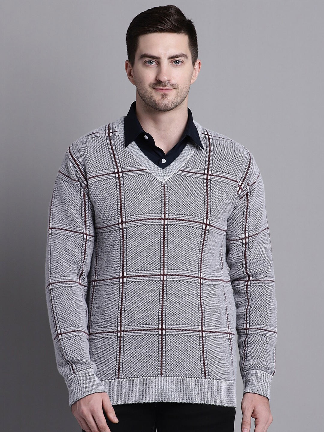 

VENITIAN Checked Acrylic Pullover, Grey