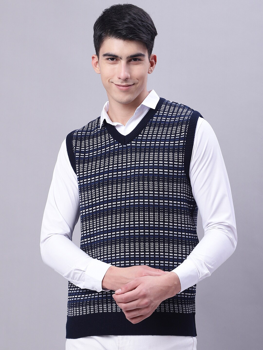 

VENITIAN Striped Self Design Acrylic Sweater Vest, Blue
