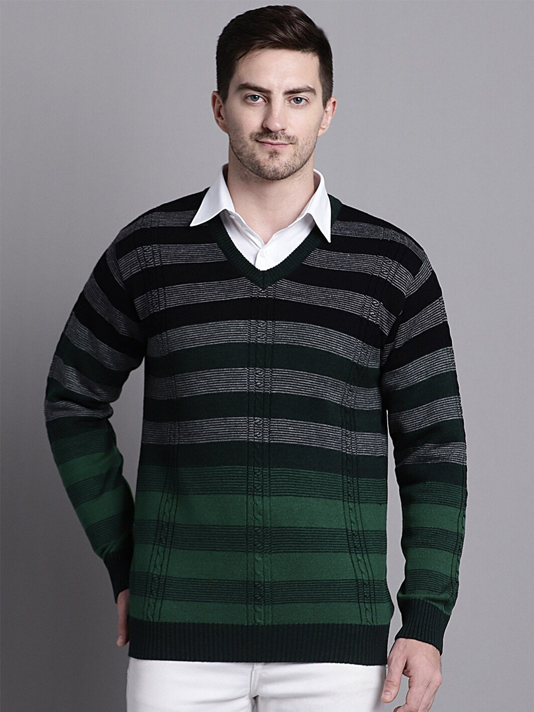 

VENITIAN Striped Acrylic Pullover Sweater, Olive