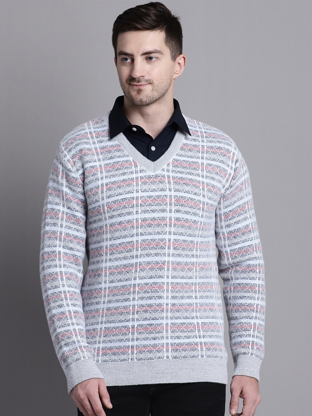 

VENITIAN Geometric Self Design Acrylic Pullover Sweater, White