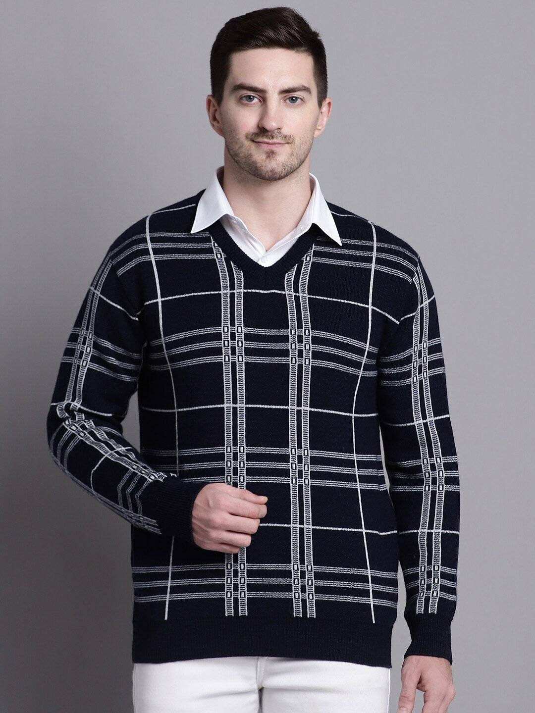 

VENITIAN Checked Long Sleeves Acrylic Pullover, Navy blue